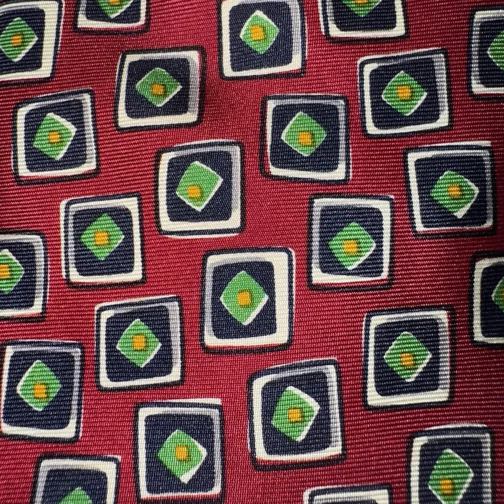 Lands’ End 100% Silk Tie Red Geometric Print Hand Sewn USA Vintage Mens Necktie